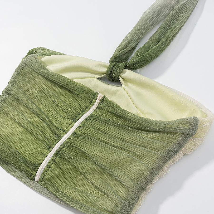 2 Piece Green Gradient Set | Pleated Crop Top & Flowing Maxi Skirt | noémi