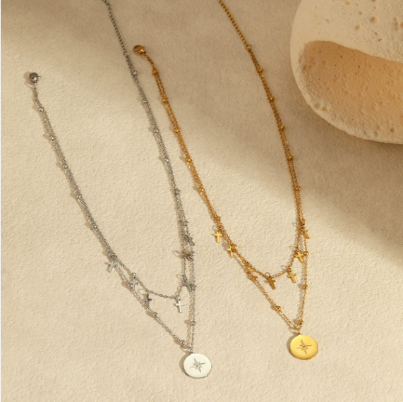 Retro Double Layer Cross & Star Pendant Necklace | Stainless Steel, Gold & Silver | noémi