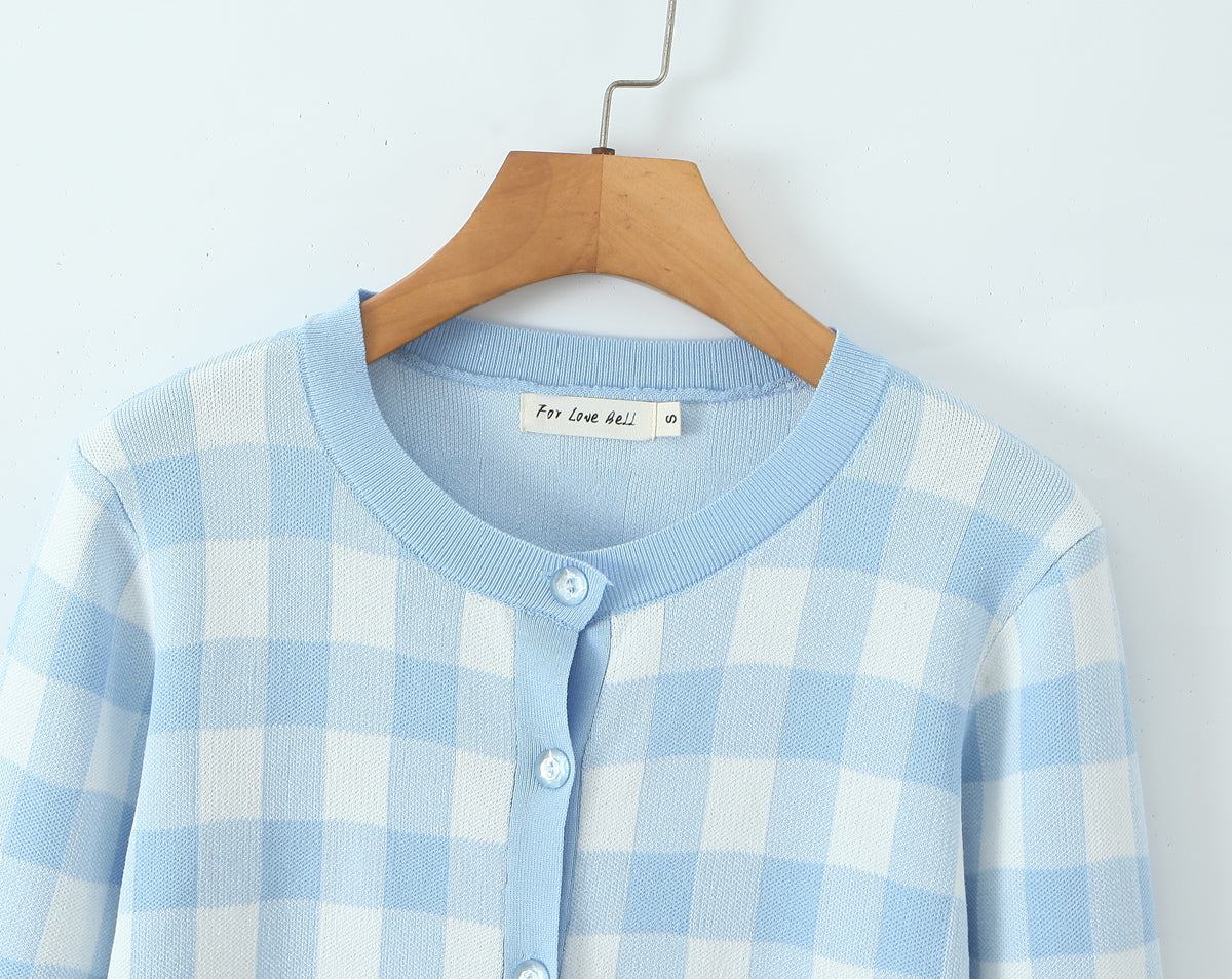 Womens Pastel Checkered Cropped Cardigan | Knit Button Up Sweater | noémi