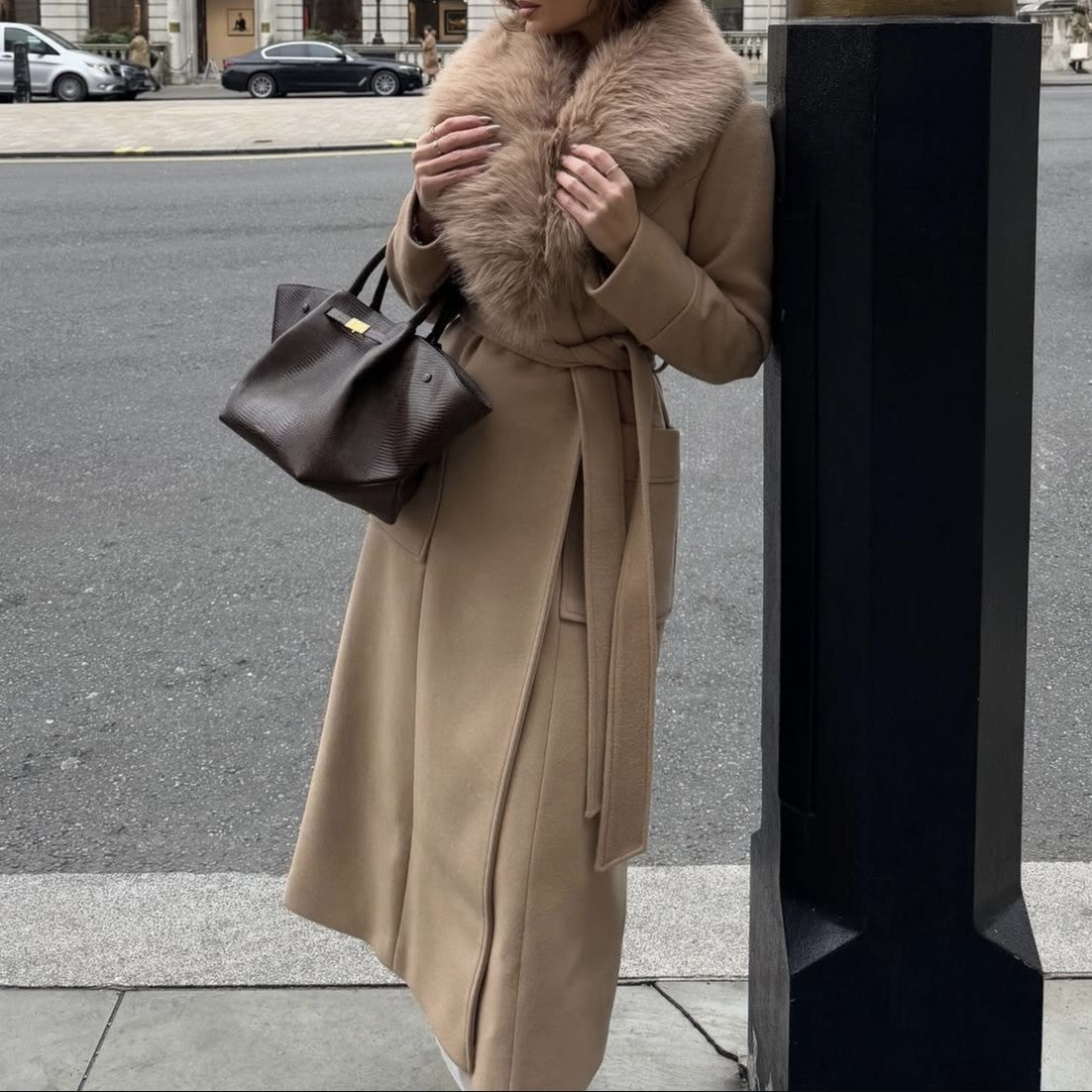 Womens Long Wool Coat with Faux Fur Collar | Bow Tie Waist, Double Pockets | noémi