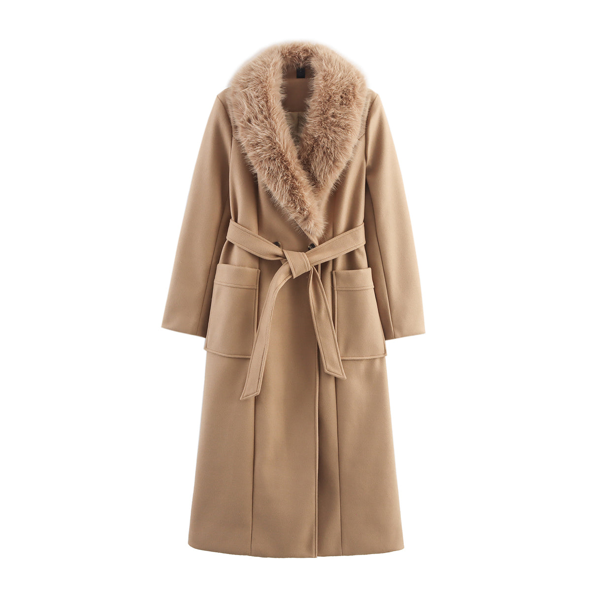 Womens Long Wool Coat with Faux Fur Collar | Bow Tie Waist, Double Pockets | noémi