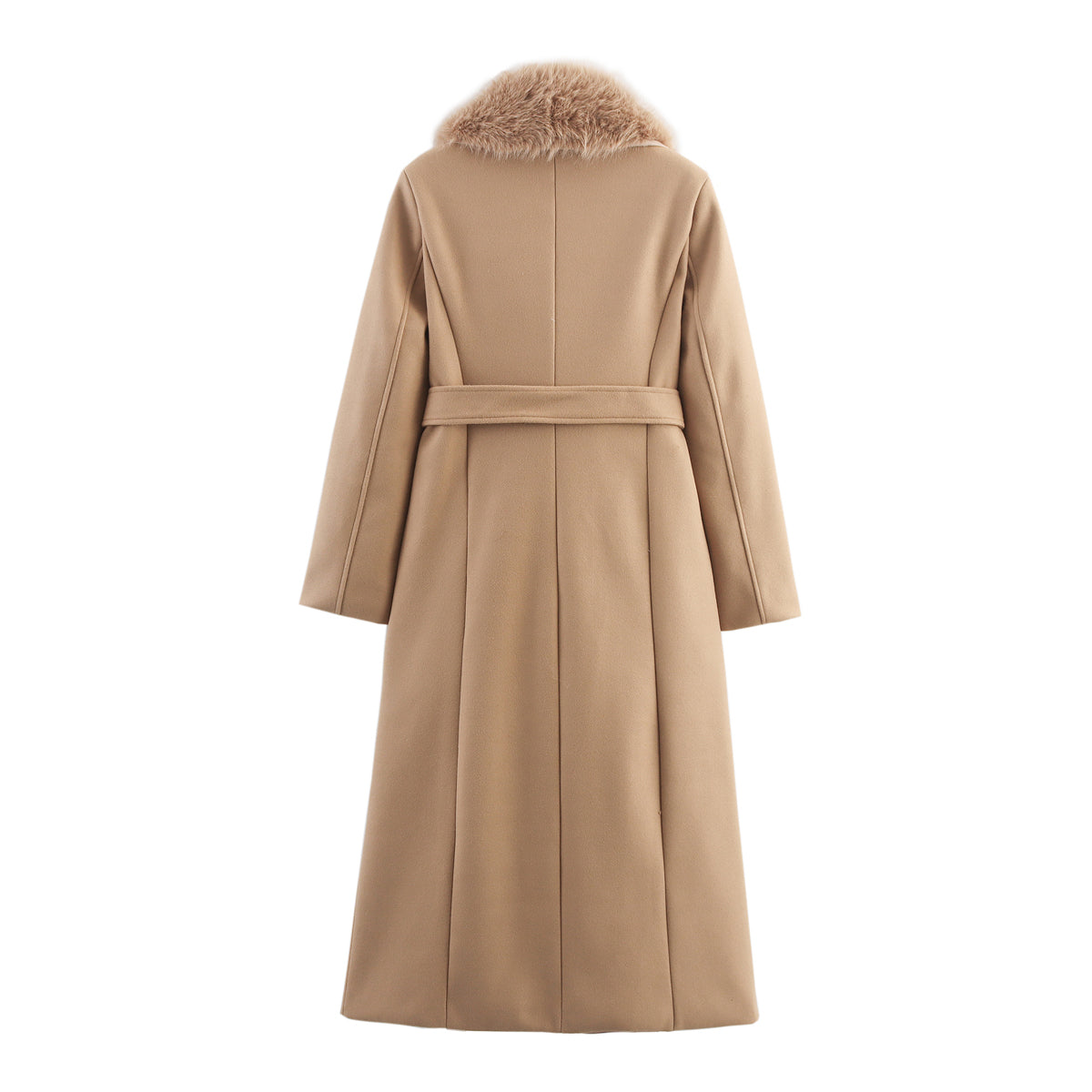 Womens Long Wool Coat with Faux Fur Collar | Bow Tie Waist, Double Pockets | noémi