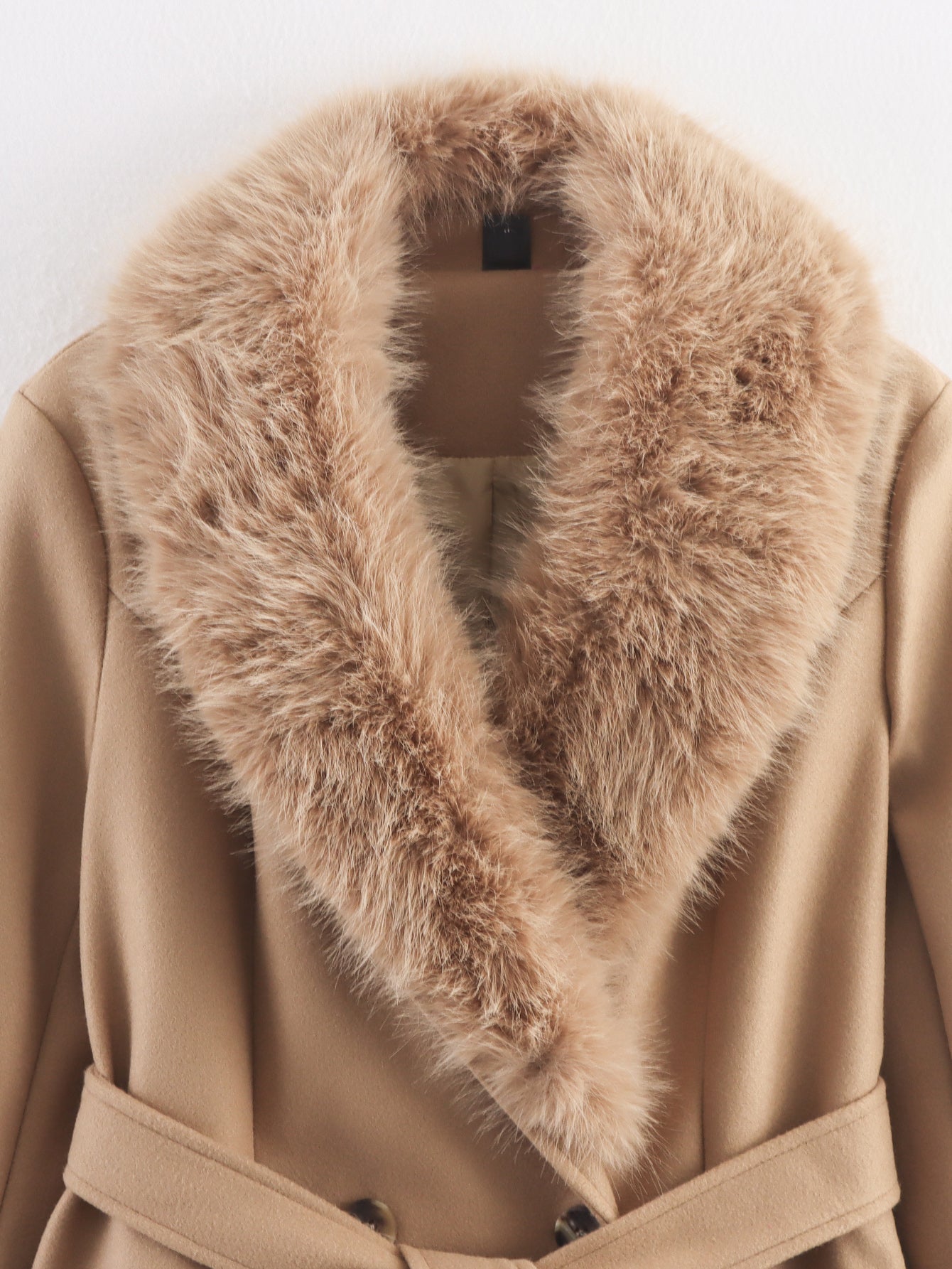 Womens Long Wool Coat with Faux Fur Collar | Bow Tie Waist, Double Pockets | noémi