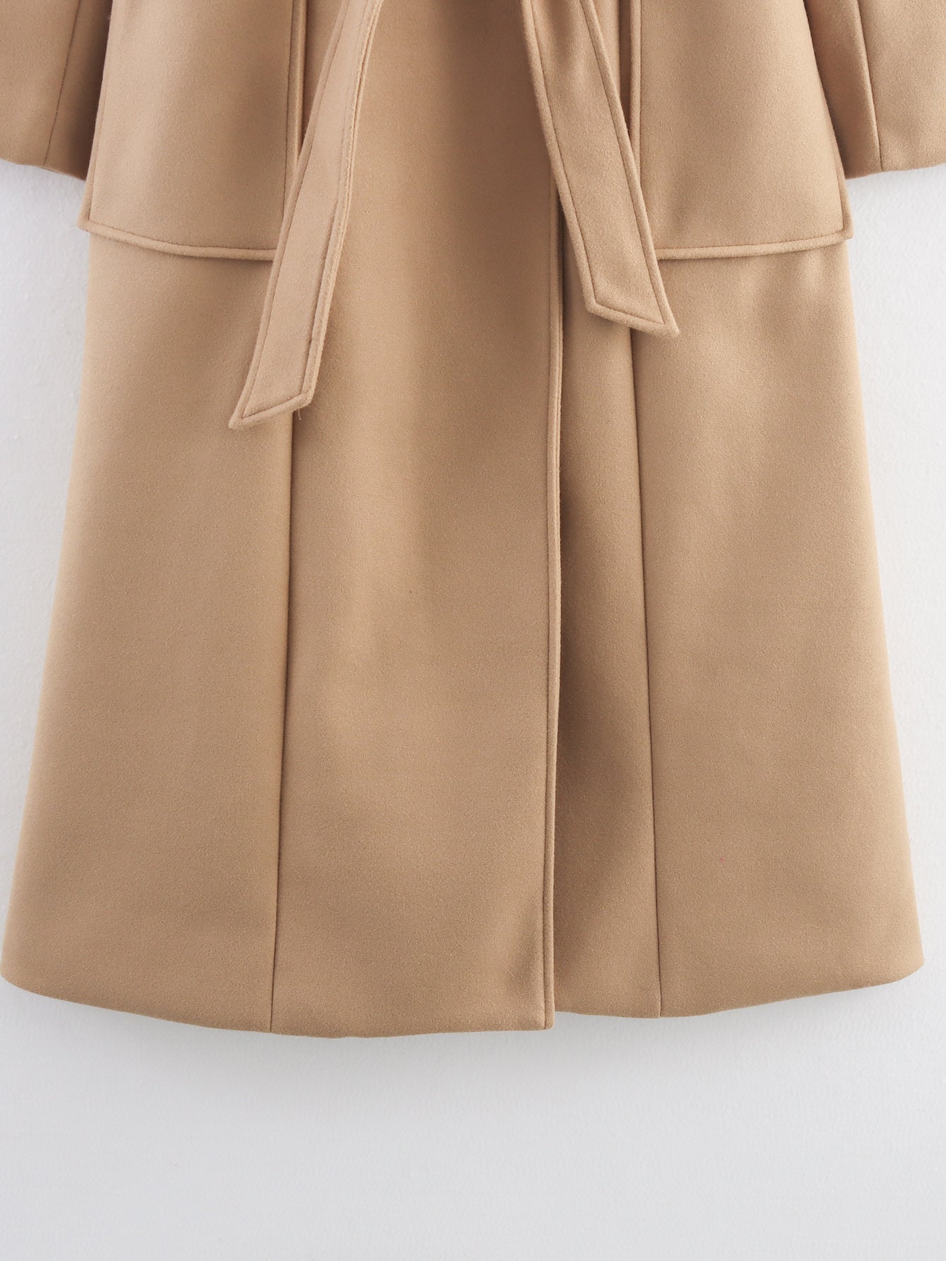 Womens Long Wool Coat with Faux Fur Collar | Bow Tie Waist, Double Pockets | noémi