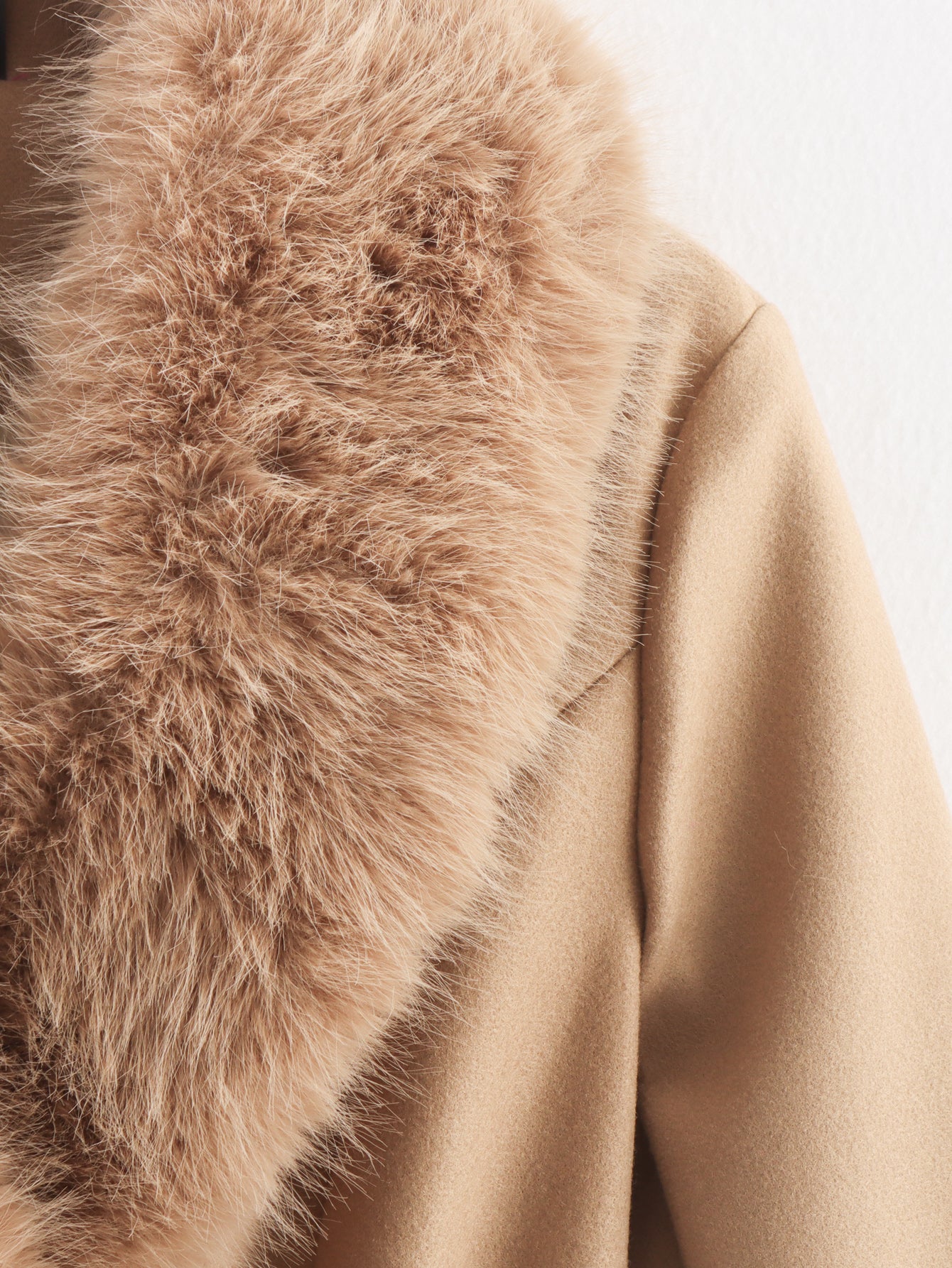 Womens Long Wool Coat with Faux Fur Collar | Bow Tie Waist, Double Pockets | noémi