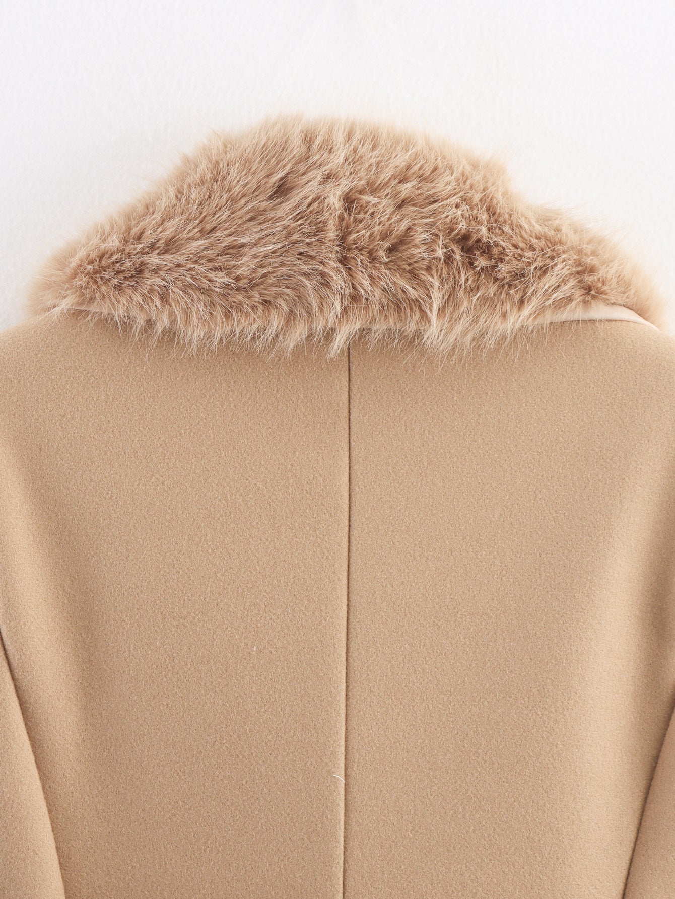 Womens Long Wool Coat with Faux Fur Collar | Bow Tie Waist, Double Pockets | noémi