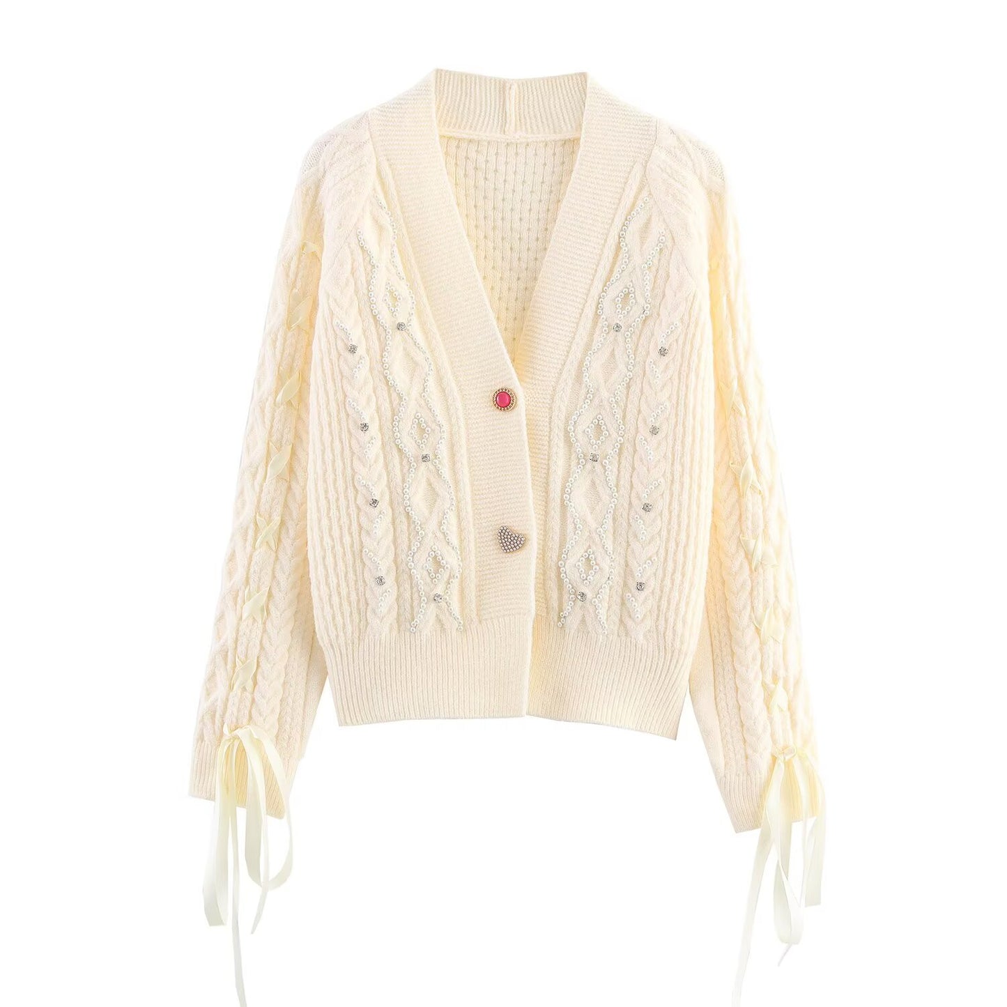 Womens Beaded Knit Cardigan | Pearl Detailing, Statement Buttons, Cream | noémi