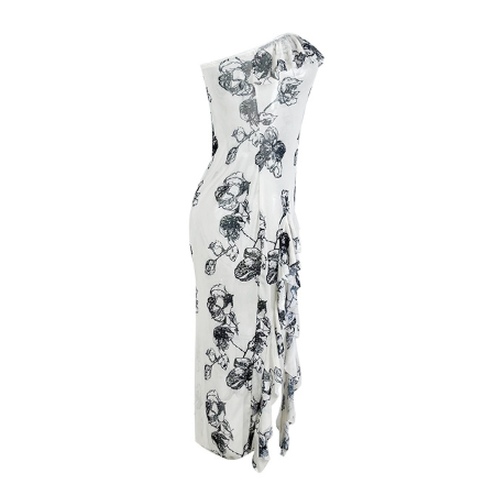 Strapless White Floral Print Bodycon Dress | High Slit, Asymmetric Hem | noémi