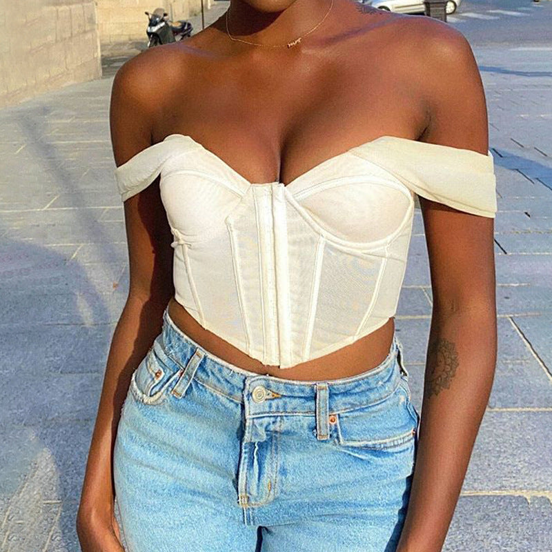 Women Off Shoulder Corset Crop Top | Mesh Sleeve Bustier Blouse | noémi