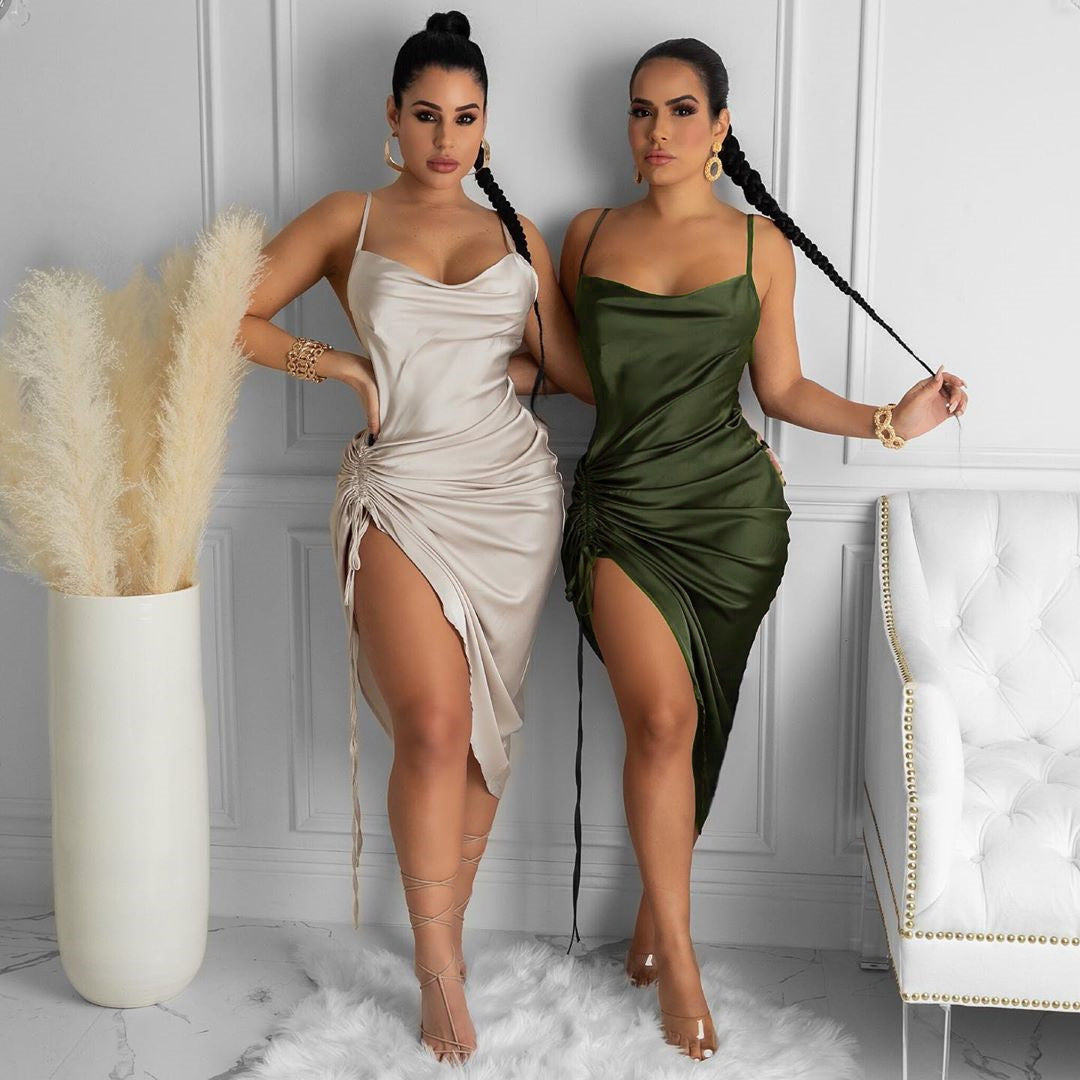 Lacing Pleated Sling Maxi Dress With Side Split | noémi