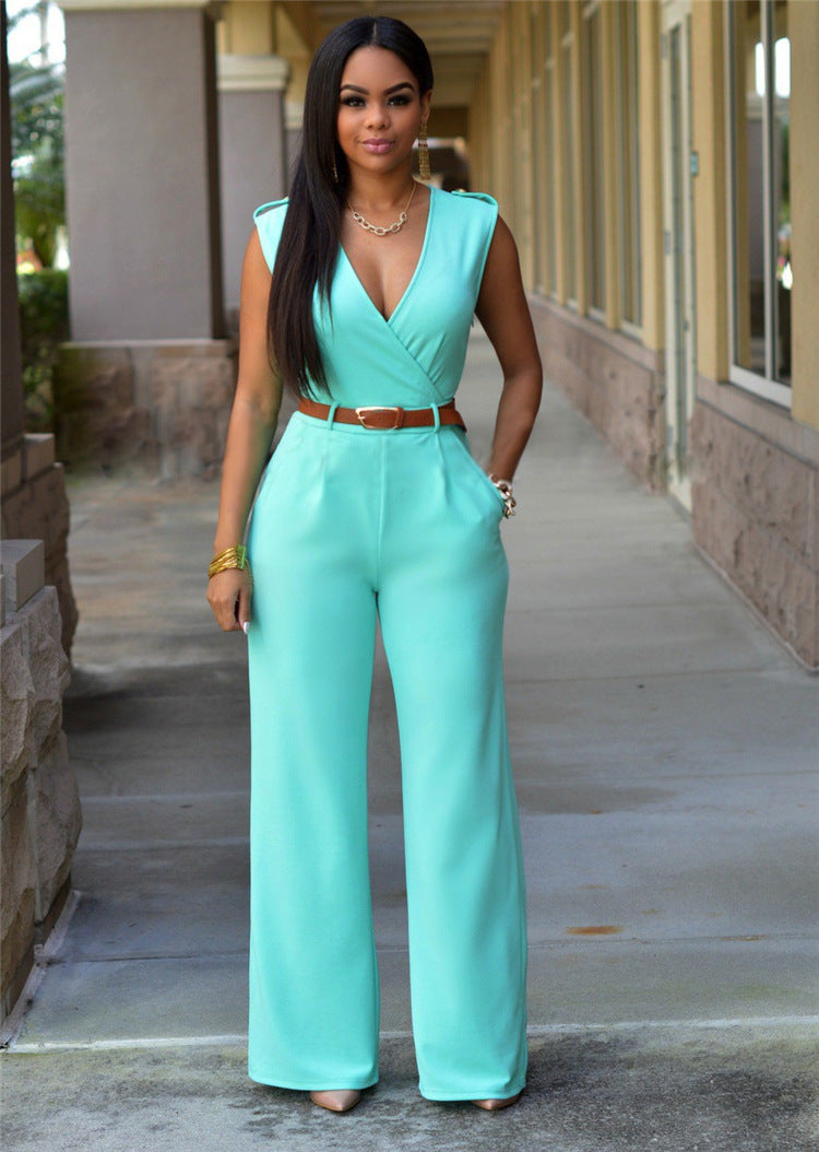 Women’s High Waist V Neck Wide Leg Jumpsuit with Belt | noémi