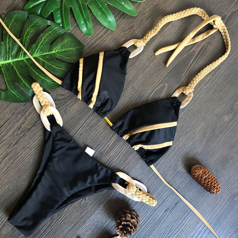 Halter Triangle Bikini Set | High Cut Chain Strap Swimsuit, Black Patchwork Micro Biquini | noémi