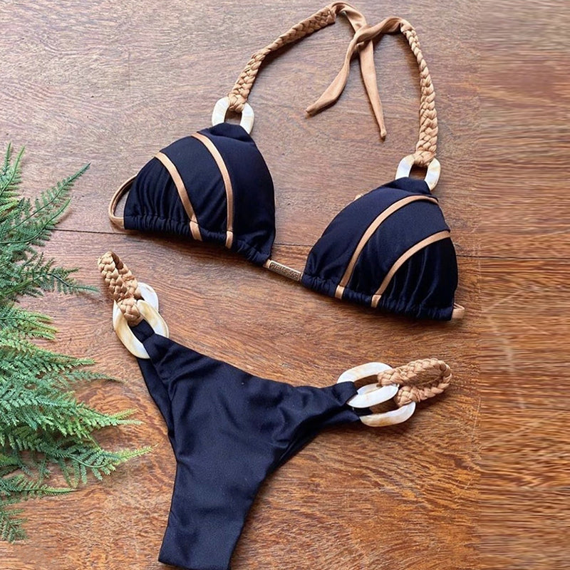 Halter Triangle Bikini Set | High Cut Chain Strap Swimsuit, Black Patchwork Micro Biquini | noémi