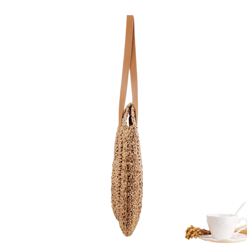 Woven Round Shoulder Straw Beach Bag – Blue Stripe Boho Tote | noémi