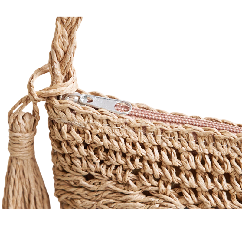 Handwoven Round Straw Crossbody Bag – Tassel Crochet Beach Tote, Brown | noémi