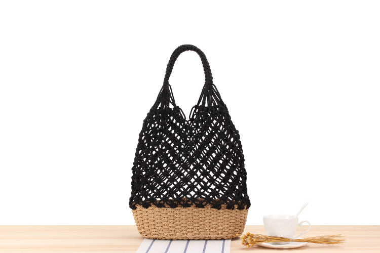 Hollow Out Cutout Shoulder Straw Bag | Handmade Woven Mesh Tote for Beach | noémi