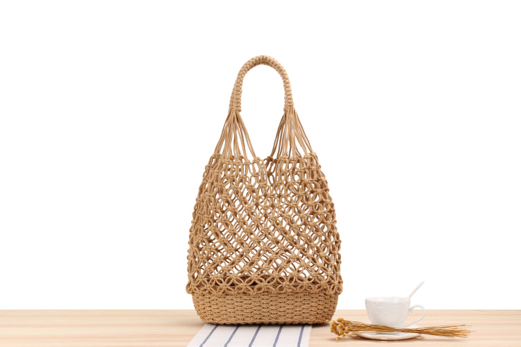 Hollow Out Cutout Shoulder Straw Bag | Handmade Woven Mesh Tote for Beach | noémi