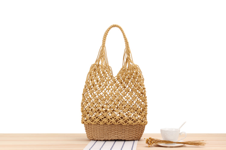 Hollow Out Cutout Shoulder Straw Bag | Handmade Woven Mesh Tote for Beach | noémi
