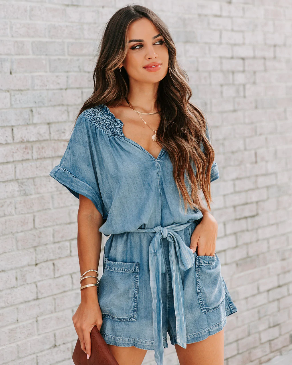 Women’s Washed Denim Romper | Summer Loose Fit Short Sleeve Belted One Piece | noémi