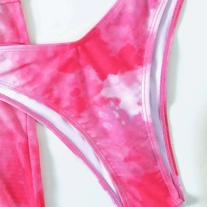 3 Piece Tie Dye Mesh Skirt Swimwear Set | Hollow Out Cutout Bandeau Bikini | noémi