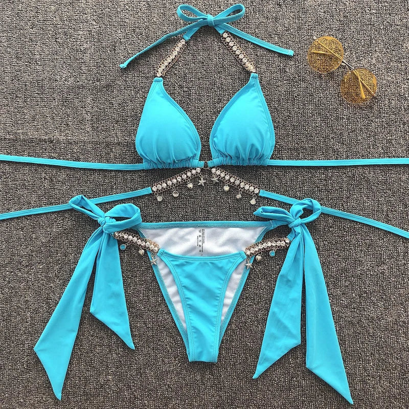 Shimmer Diamond Bikini Set | Halter Push Up Swimwear for Women | Rhinestone Chain Bathing Suit | noémi