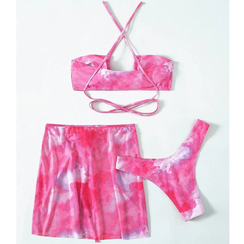 3 Piece Tie Dye Mesh Skirt Swimwear Set | Hollow Out Cutout Bandeau Bikini | noémi