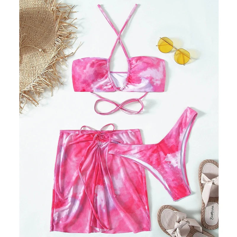 3 Piece Tie Dye Mesh Skirt Swimwear Set | Hollow Out Cutout Bandeau Bikini | noémi