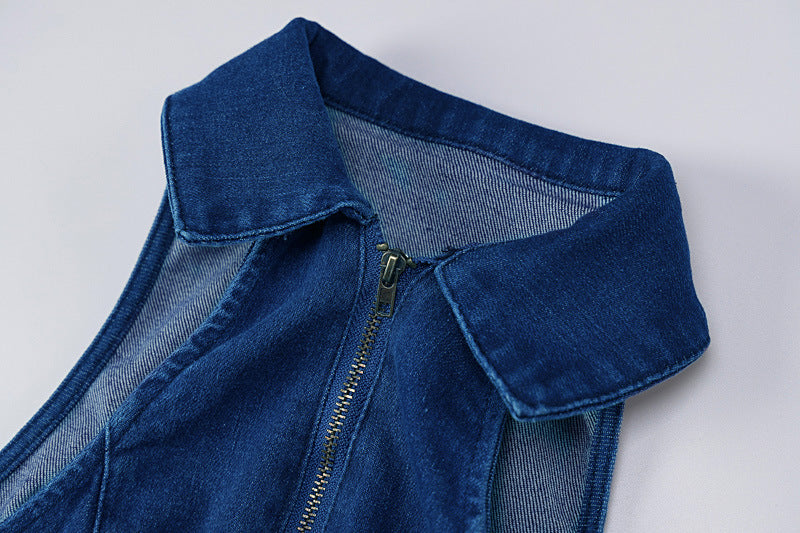 Women’s Sleeveless Denim Jumpsuit | Slim Fit, Zipper Front, High Waist, Flared Leg, Retro 70s VNeck One Piece | noémi