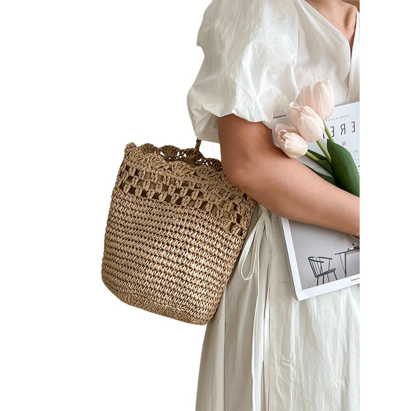 Raffia Straw Shoulder Tote Bag – Hollow-Out Lace Weave Beach Carryall, Brown | noémi