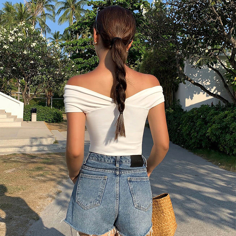 Off Shoulder Twist Front Top | Slim Fit Bardot Tee in Black or White | noémi