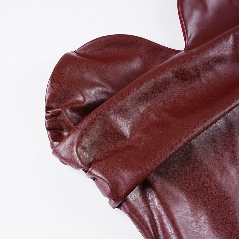 Faux Leather Bandeau Top | Asymmetric VNeck, Pleated Waist, Strapless, Wine Red | noémi