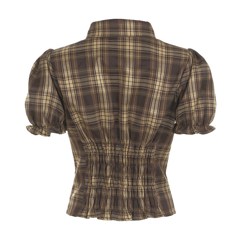 Plaid Puff Sleeve Blouse & Ruffle Mini Skirt Set | Brown Checkered Two Piece Outfit | noémi