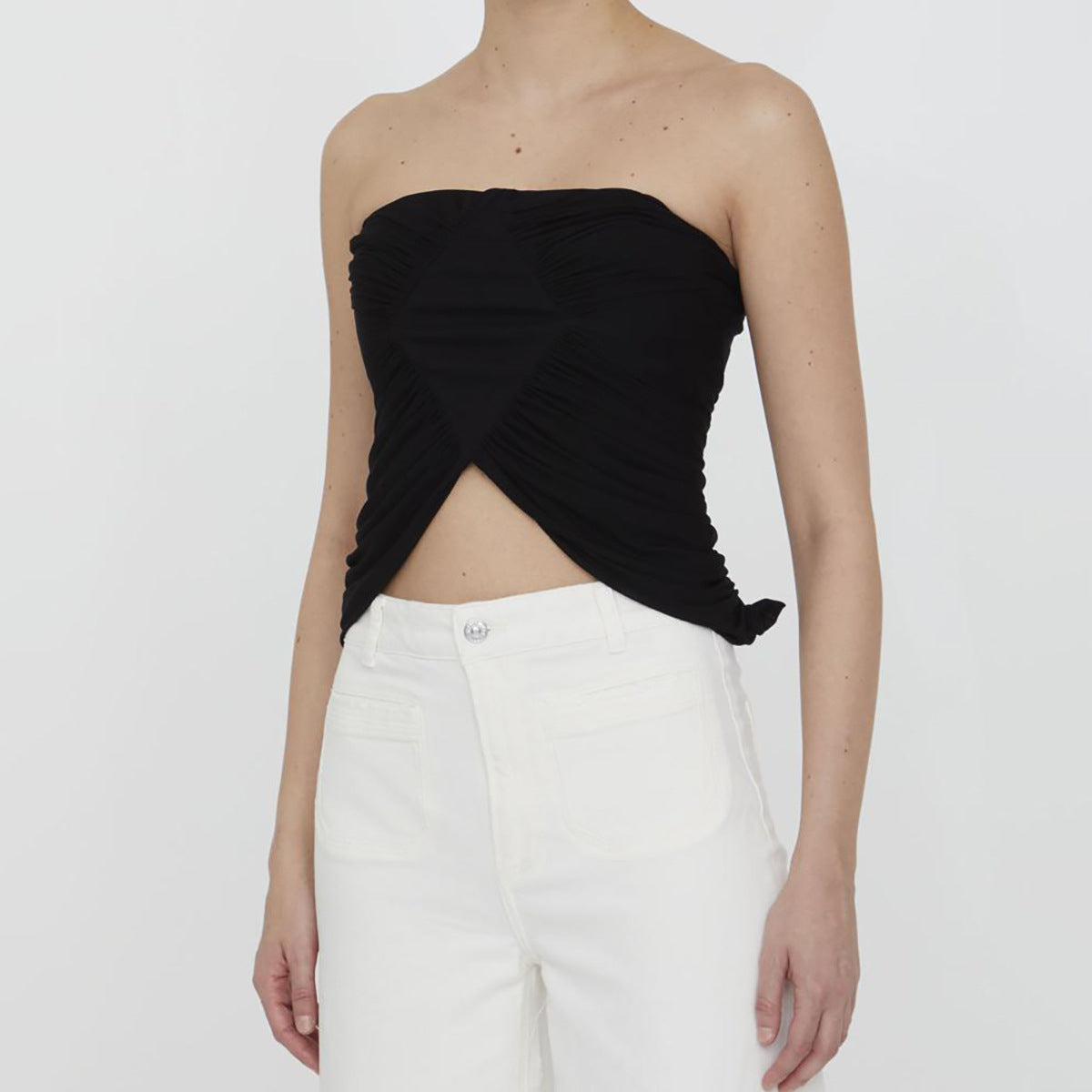 Womens Pleated Strapless Tube Top | Cut Out Bare Midriff Crop in Black | noémi