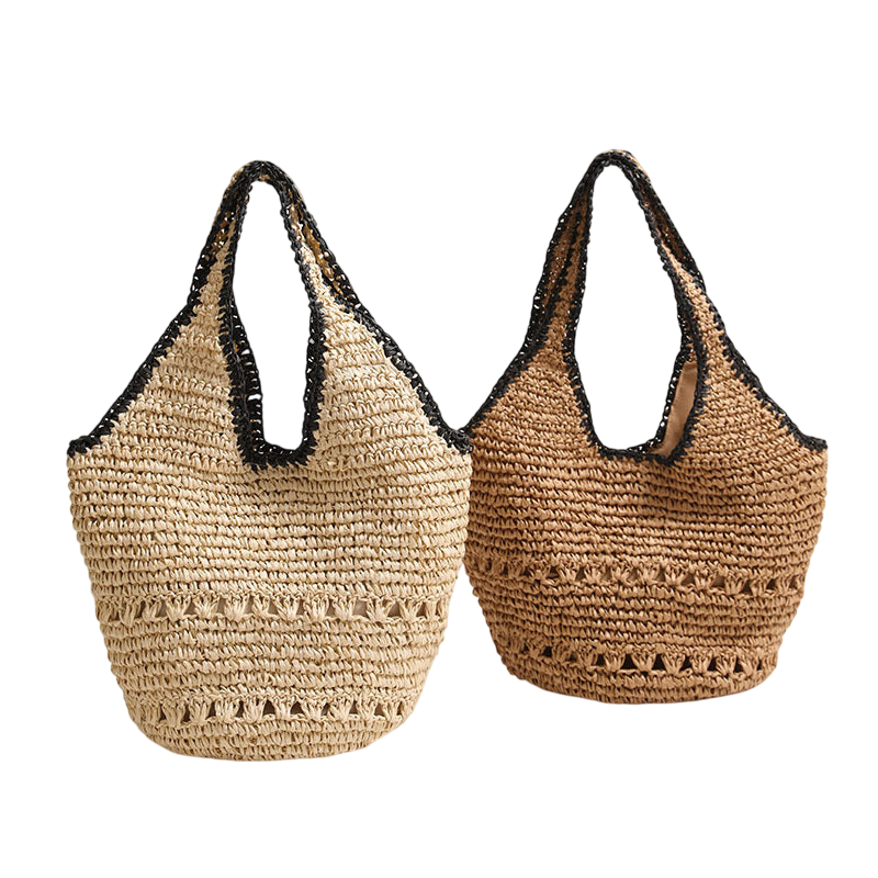 Large-Capacity Straw Shoulder Tote – Hollow-Out Woven, Natural/Black | noémi