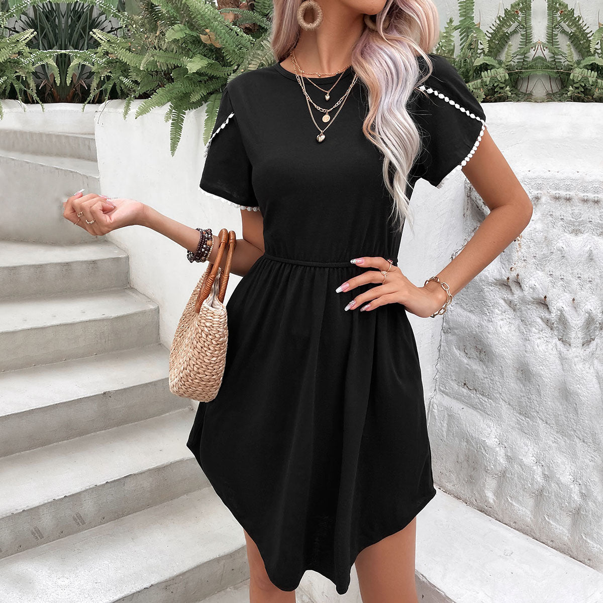 Black Lace Petal Sleeve Round Neck T Shirt Dress For Women | noémi