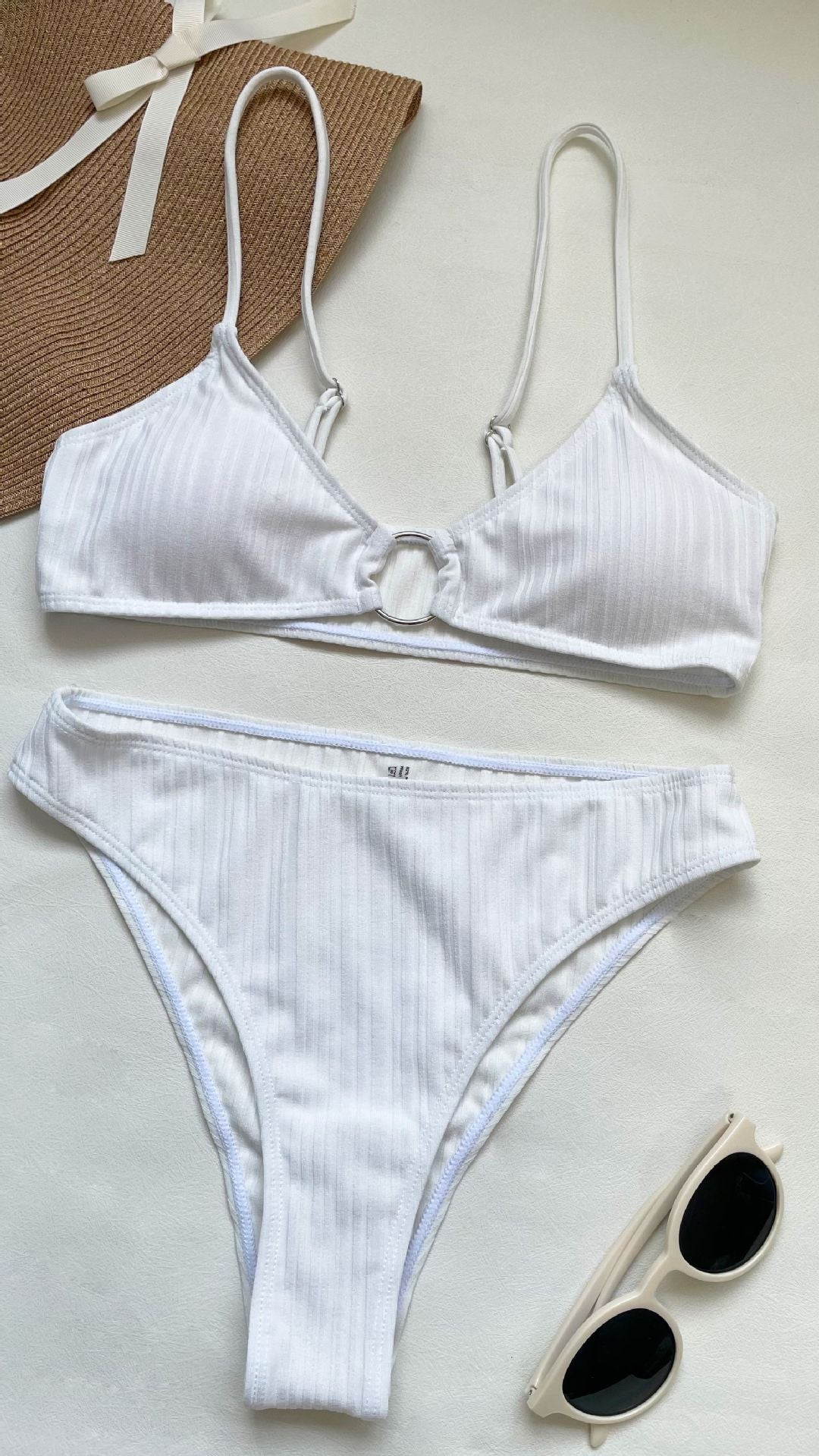 Womens High Waisted Bikini Set | Solid Color with Striped Detail | noémi