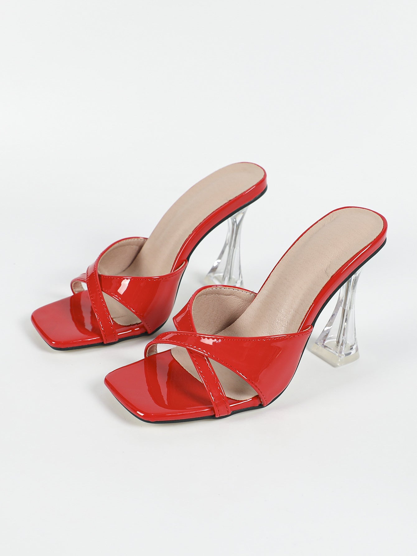 High Heels Open Toe Square Toe Slippers with Transparent Crystal Heel | noémi