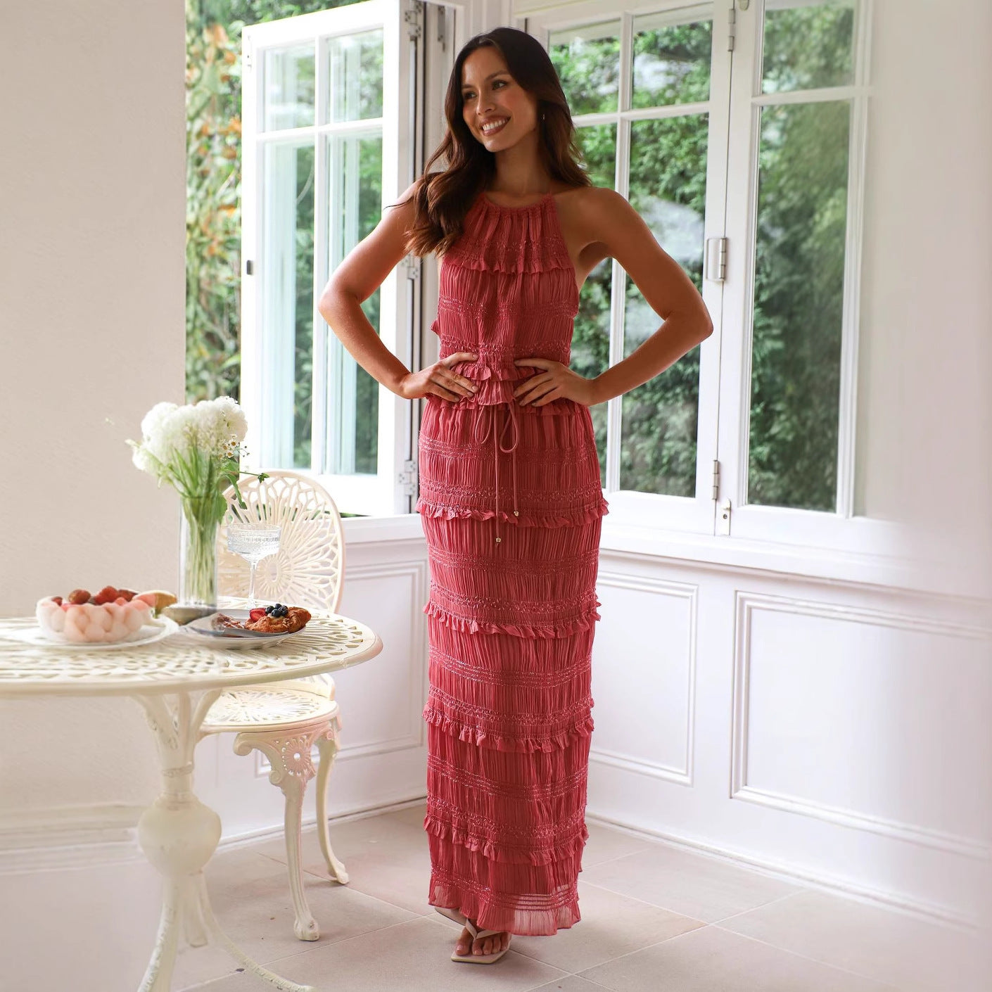 Womens 2 Piece Chiffon Fringe Set | Sleeveless Crop Top & Tiered Maxi Skirt | noémi