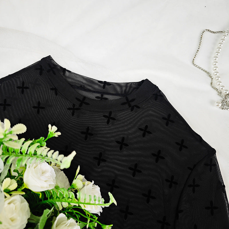 Sheer Mesh Slim Fit Long Sleeve Transparent Top | noémi