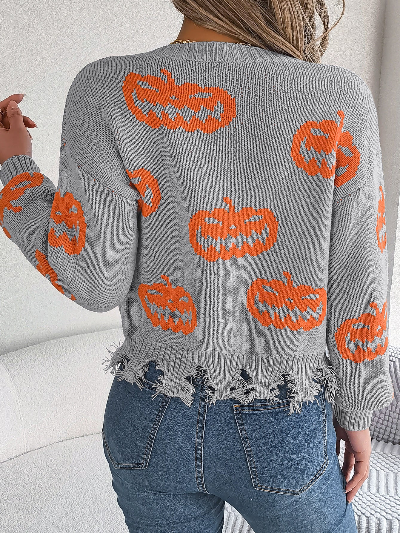 Halloween Pumpkin Sweater for Women | Cut Out Pullover with Distressed Hem | noémi