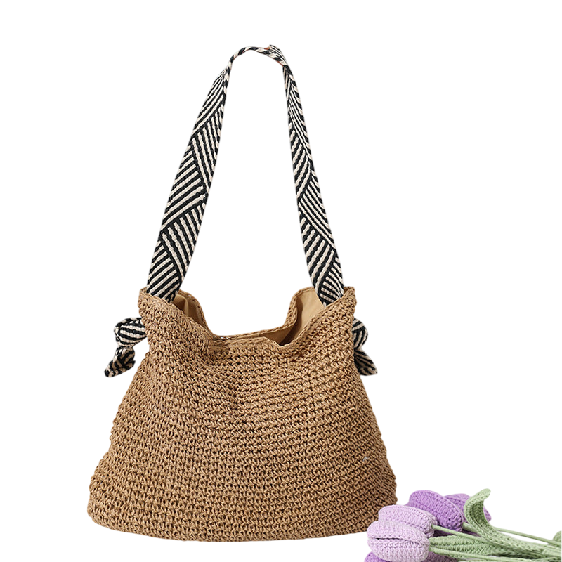 Navy Straw Shoulder Tote Bag – Hand-Woven, Striped-Handle Beach Carryall | noémi