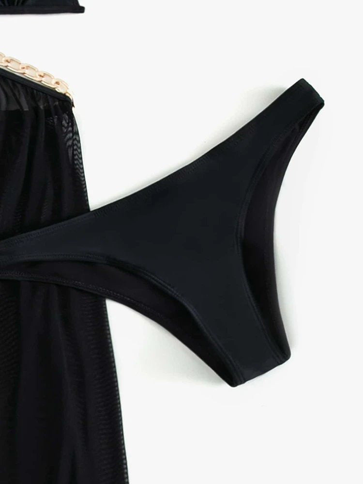 Three Piece Swimsuit Set | Sheer Split Skirt & Gold Chain Detail | noémi