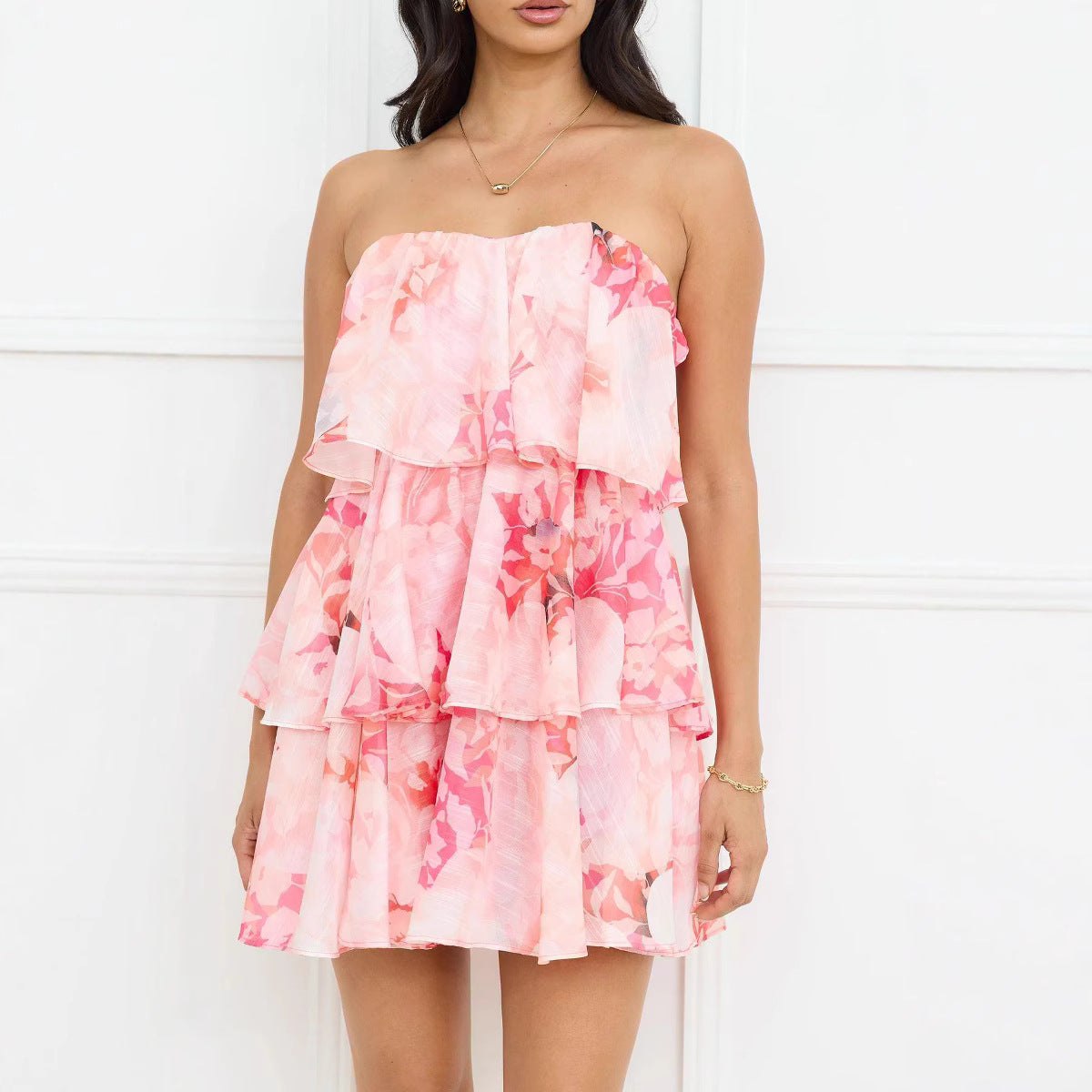 Chiffon Layered Strapless Draped Midi Dress | noémi