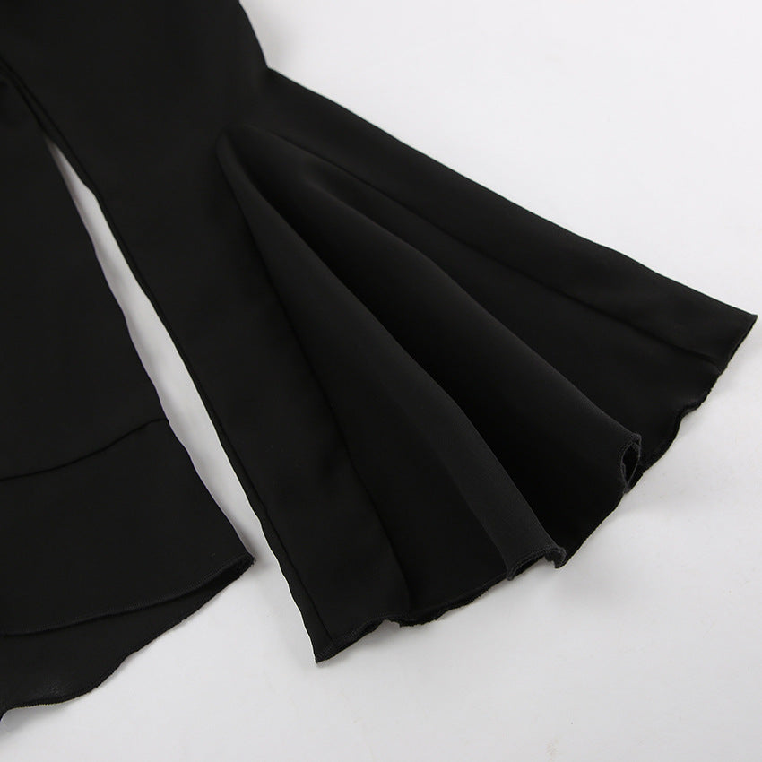 Black V Neck Chiffon Blouse for Women | Sheer Long Sleeve with Ruffle Detail | noémi