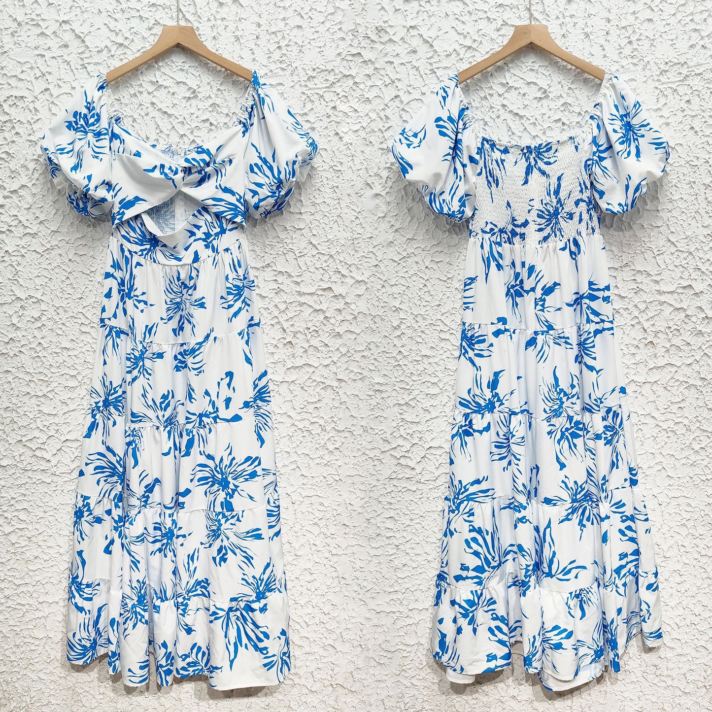 Womens VNeck Puff Sleeve Printed Midi Dress with Cutout Detail | noémi