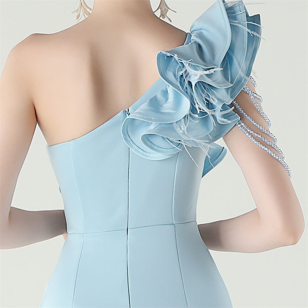 One Shoulder Floral Satin Gown | Beaded Ruffle High Slit | noémi