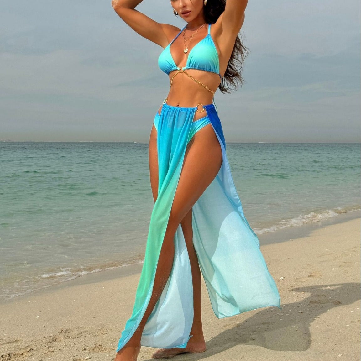 Gradient Mesh Maxi Dress & Drawstring Banded Bikini | 3 Piece Beach Glam Set | noémi