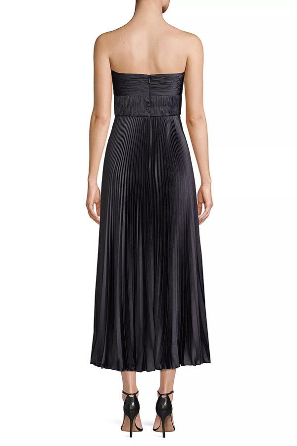Pleated Satin Maxi Dress | Strapless Wrapped Chest | noémi