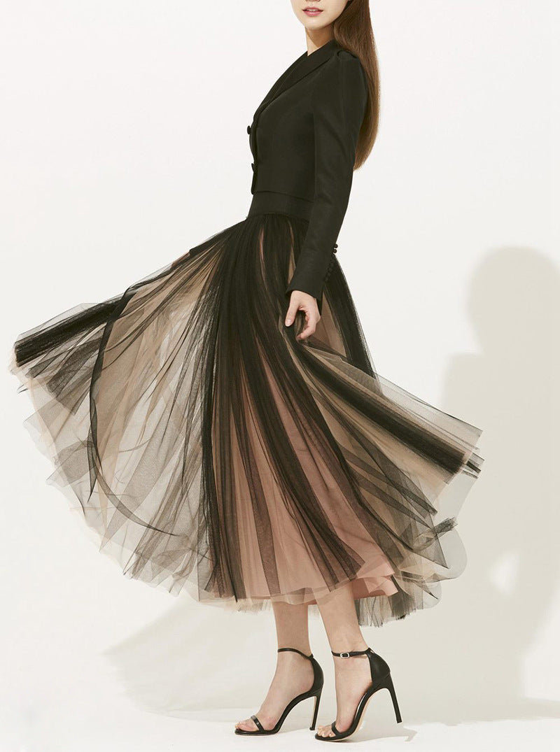 Double Breasted Green Collar Top Multi Layer Mesh Pleated Skirt Set | noémi