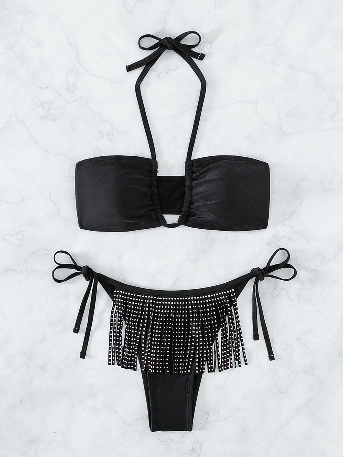 Womens Tassel Rhinestone Bikini | V Neck Halter Strappy Three Piece Swimwear | noémi